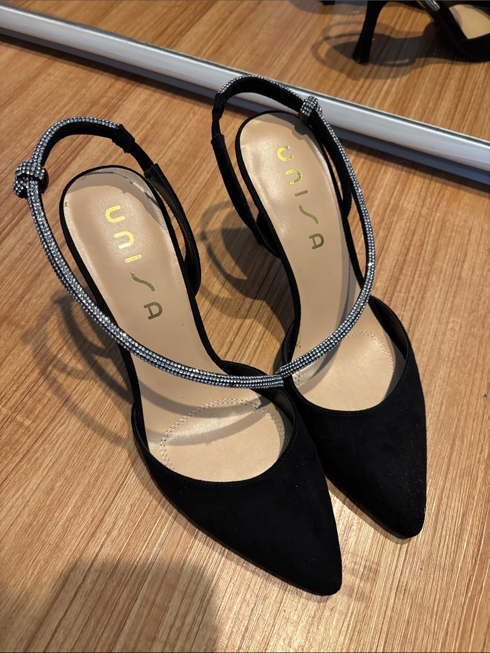 Unisa Black Pointed Toe Slingback Pumps with Rhinestone Strap